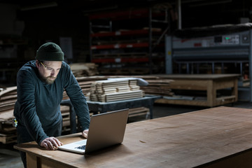 Carpenter working on laptop in workshop