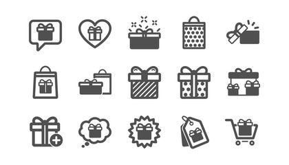 Gift icons. Present, Special offer and Sale. Shopping classic icon set. Quality set. Vector