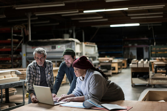 Carpenters working on laptop in workshop