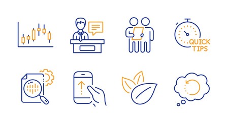 Fototapeta premium Survey, Organic product and Seo stats line icons set. Swipe up, Exhibitors and Candlestick graph signs. Quick tips, Recovery data symbols. Contract, Leaves. Science set. Line survey icon. Vector
