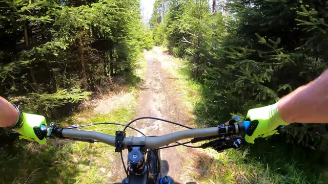 First person view of a mountain biker riding single trails on a sunny day with a Canyon Strive Enduro bike in the Harz region in Germany, filmed with GoPro Hero 7 in 4K.
