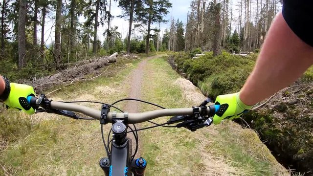 First person view of a mountain biker riding single trails on a sunny day with a Canyon Strive Enduro bike in the Harz region in Germany, filmed with GoPro Hero 7 in 4K.