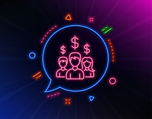 Business networking line icon. Neon laser lights. Group of people with Dollar signs. Glow laser speech bubble. Neon lights chat bubble. Banner badge with salary employees icon. Vector