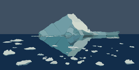 Flat vector illustration of Icebergs in the water. Ocean ice rocks landscape. Climate and environment protection concept.