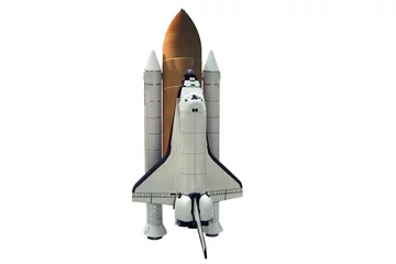 Foto op Plexiglas Een shuttle ruimteschip opstijgen op een witte achtergrond. Geïsoleerd. © Sergei