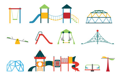 Kid playground equipment flat icons. Vector icon set with different types of elements on the playground.