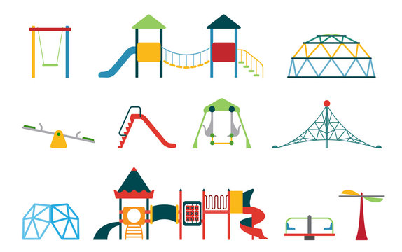 Kid Playground Equipment Flat Icons. Vector Icon Set With Different Types Of Elements On The Playground.