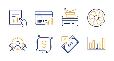Loyalty card, Web report and Payment message line icons set. Fan engine, Rejected payment and Business targeting signs. Document, Column chart symbols. Bonus points, Graph chart. Finance set. Vector