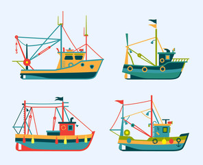 Flat colorful fishing boats. Seafood boats illustration. Set of different types of marine fishery boats.