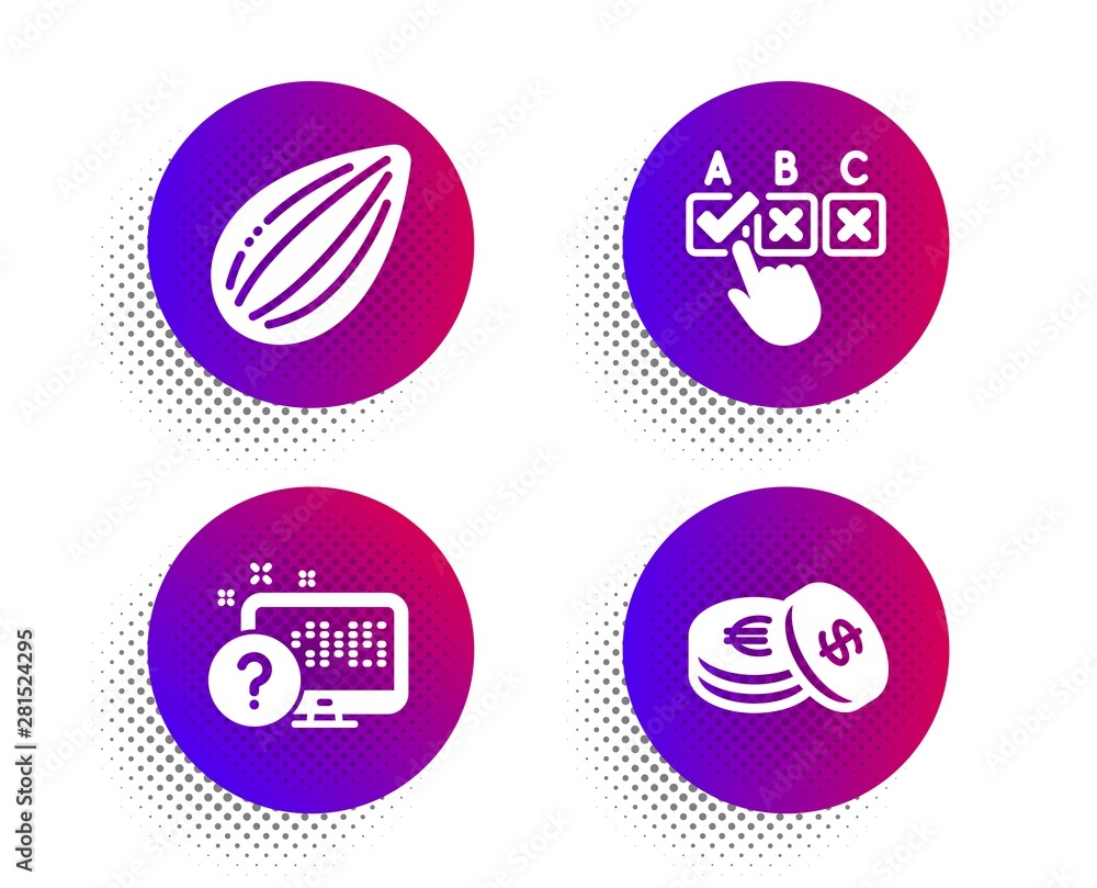 Poster online quiz, correct checkbox and almond nut icons simple set. halftone dots button. savings sign. w