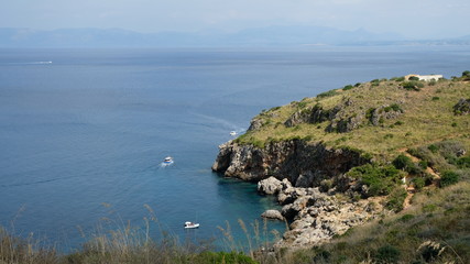Fototapeta na wymiar Zingaro Reserve, Province of Trapani, Sicily. View of the beautiful cala Capreria from the heights.