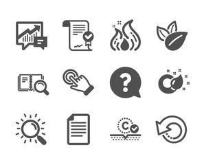 Set of Business icons, such as Search, Question mark, Paint brush, Touchscreen gesture, Approved agreement, Recovery data, Search book, Accounting, File, Fire energy, Organic product. Vector