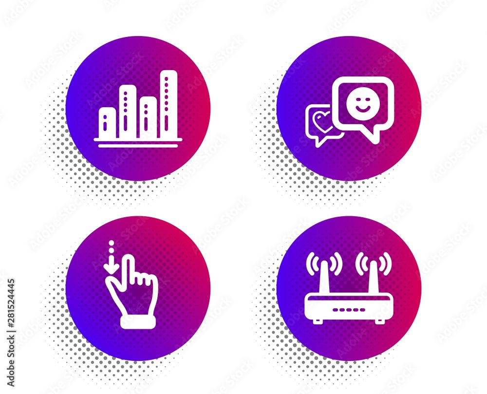Poster graph chart, smile and touchscreen gesture icons simple set. halftone dots button. wifi sign. growth