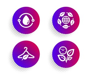 Slow fashion, Eco organic and Cold-pressed oil icons simple set. Halftone dots button. Leaves sign. Eco tested, Bio ingredients, Organic tested. Grow plant. Nature set. Vector