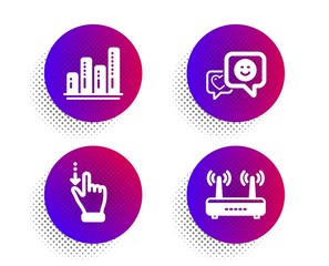 Graph chart, Smile and Touchscreen gesture icons simple set. Halftone dots button. Wifi sign. Growth report, Socila media, Slide down. Internet router. Technology set. Vector
