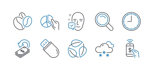 Set of Business icons, such as Search, Snow weather, Pie chart, Cashback, Leaves, Coffee beans, Time, Face accepted, Usb stick, Phone payment line icons. Magnifying glass, Snowflake. Vector