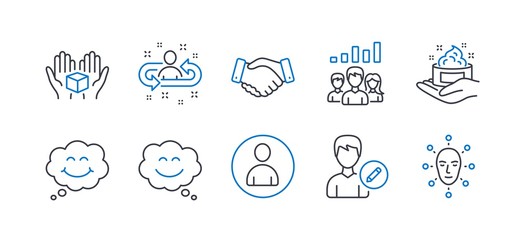Set of People icons, such as Avatar, Employees handshake, Smile, Smile chat, Edit person, Skin care, Recruitment, Hold box, Teamwork results, Face biometrics line icons. Line avatar icon. Vector