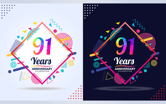91 years anniversary with modern square design elements, colorful edition, celebration template design,