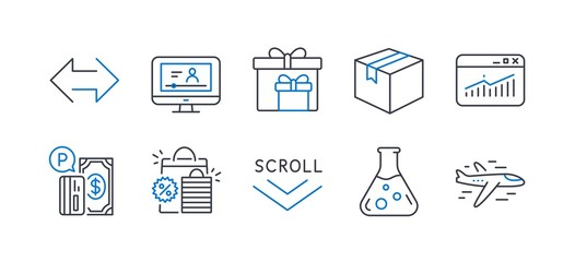 Set of Business icons, such as Chemistry lab, Website statistics, Shopping bags, Scroll down, Delivery boxes, Parcel, Sync, Online video, Parking payment, Airplane line icons. Vector