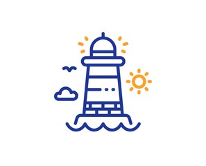 Beacon tower sign. Lighthouse line icon. Searchlight building symbol. Colorful outline concept. Blue and orange thin line lighthouse icon. Vector