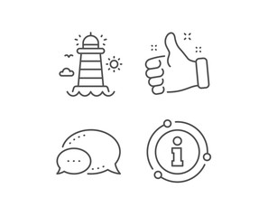 Lighthouse line icon. Chat bubble, info sign elements. Beacon tower sign. Searchlight building symbol. Linear lighthouse outline icon. Information bubble. Vector