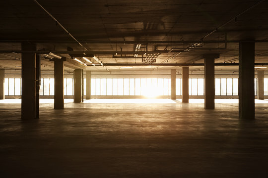 View of empty office space during sunset