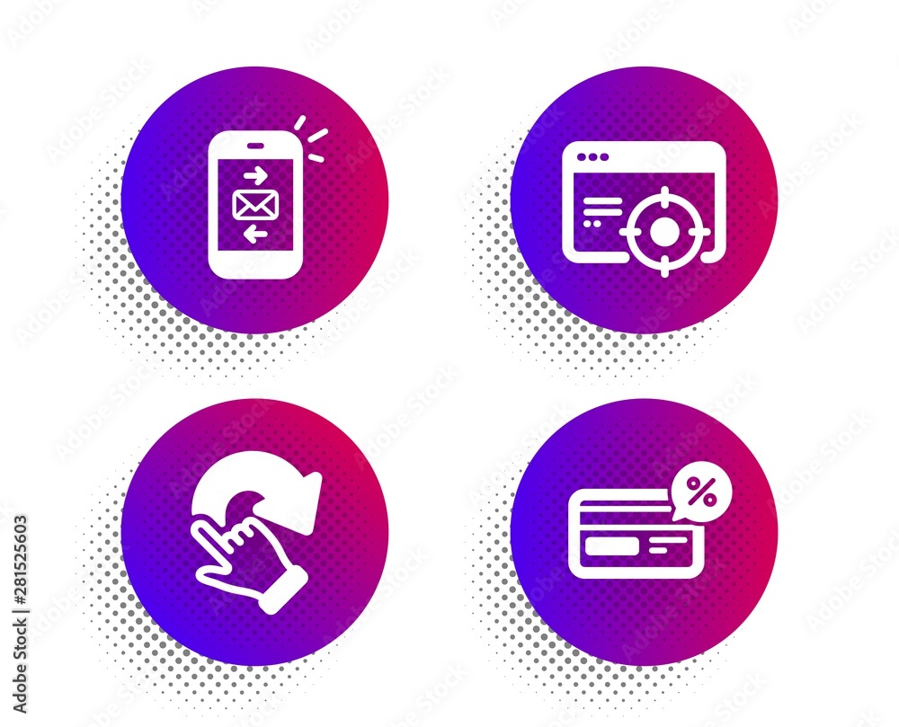 Poster rotation gesture, mail and seo targeting icons simple set. halftone dots button. cashback sign. undo