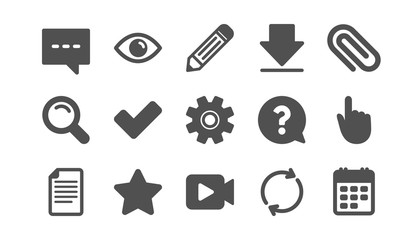 Fototapeta premium Document, Calendar and Question mark icons. Search, Video camera and Check mark. Classic icon set. Quality set. Vector