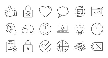 Report, Time and Globe line icons. Statistics, Light bulb and Gift surprise box. Linear icon set. Quality line set. Vector
