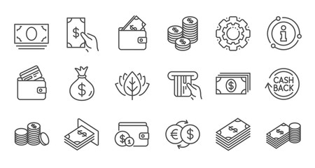 Money and payment line icons. Cash, Wallet and Coins. Account cashback linear icon set. Quality line set. Vector