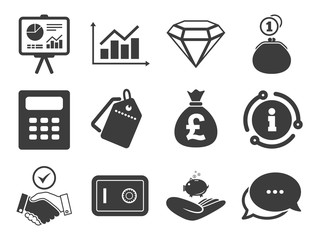 Handshake, safe and calculator signs. Discount offer tag, chat, info icon. Money, cash and finance icons. Chart, safe and jewelry symbols. Classic style signs set. Vector