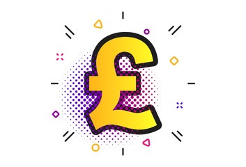 Pound sign icon. Halftone dots pattern. GBP currency symbol. Money label. Classic flat pound icon. Vector