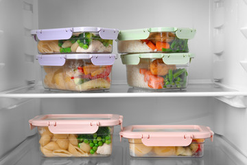 Boxes with prepared meals inside of refrigerator