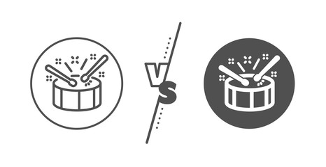 Music sign. Versus concept. Drums with drumsticks line icon. Musical instrument symbol. Line vs classic drums icon. Vector