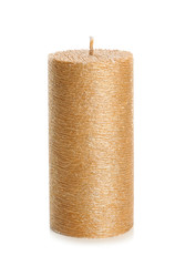 Stylish elegant gold candle on white background. Decor element