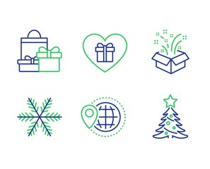 Gift, World travel and Snowflake line icons set. Romantic gift, Shopping and Christmas tree signs. New year, Map pointer, Air conditioning. Surprise with love. Holidays set. Vector