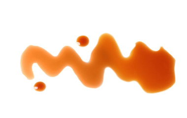 Traditional soy sauce on white background, top view