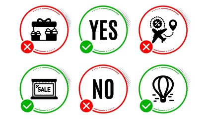 Sale, Surprise boxes and Flight sale icons simple set. Yes no check box. Air balloon sign. Shopping store, Holiday gifts, Travel discount. Flight travel. Holidays set. Sale icon. Check mark. Vector