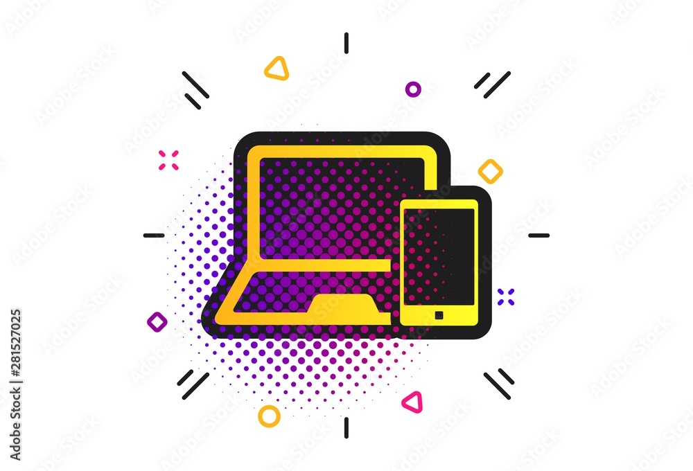 Poster mobile devices sign icon. halftone dots pattern. notebook with smartphone symbol. classic flat devic
