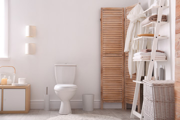 Ceramic toilet bowl in stylish bathroom. Idea for interior design