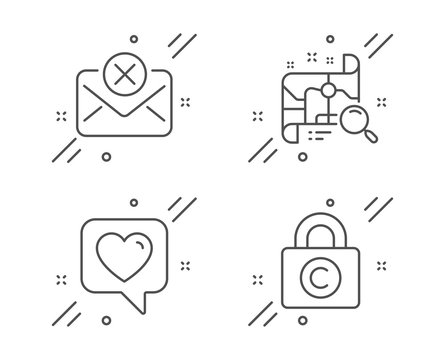Heart, Reject mail and Search map line icons set. Copyright locker sign. Like rating, Delete letter, Find address. Private information. Business set. Line heart outline icon. Vector