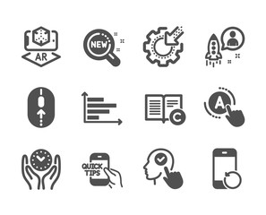Fototapeta premium Set of Science icons, such as Horizontal chart, Education, Safe time, Recovery phone, Copyright, New products, Startup, Seo gear, Swipe up, Select user, Ab testing, Augmented reality. Vector