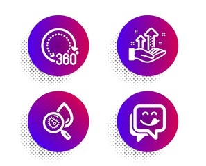 Analysis graph, 360 degrees and Water analysis icons simple set. Halftone dots button. Yummy smile sign. Targeting chart, Panoramic view, Aqua bacteria. Emoticon. Technology set. Vector