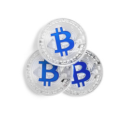 Bitcoins isolated on white, top view. Digital currency