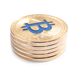 Stack of bitcoins isolated on white. Digital currency