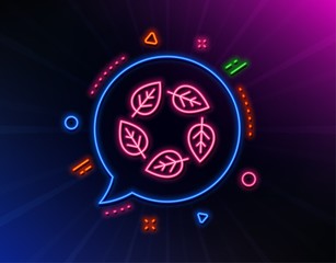 Organic tested line icon. Neon laser lights. Bio cosmetics sign. Fair trade symbol. Glow laser speech bubble. Neon lights chat bubble. Banner badge with organic tested icon. Vector