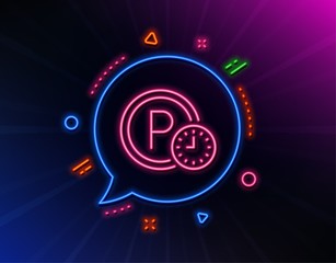 Parking time line icon. Neon laser lights. Car park clock sign. Transport place symbol. Glow laser speech bubble. Neon lights chat bubble. Banner badge with parking time icon. Vector