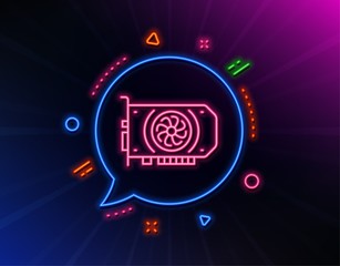 Gpu graphic card line icon. Neon laser lights. Computer component hardware sign. Glow laser speech bubble. Neon lights chat bubble. Banner badge with gpu icon. Vector