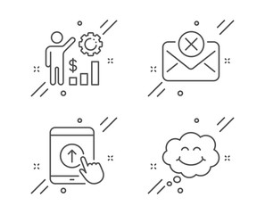 Reject mail, Swipe up and Employees wealth line icons set. Smile sign. Delete letter, Scrolling screen, Results chart. Comic chat. Technology set. Line reject mail outline icon. Vector