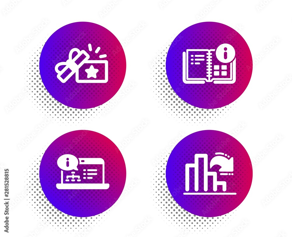 Poster instruction info, loyalty gift and online documentation icons simple set. halftone dots button. decr